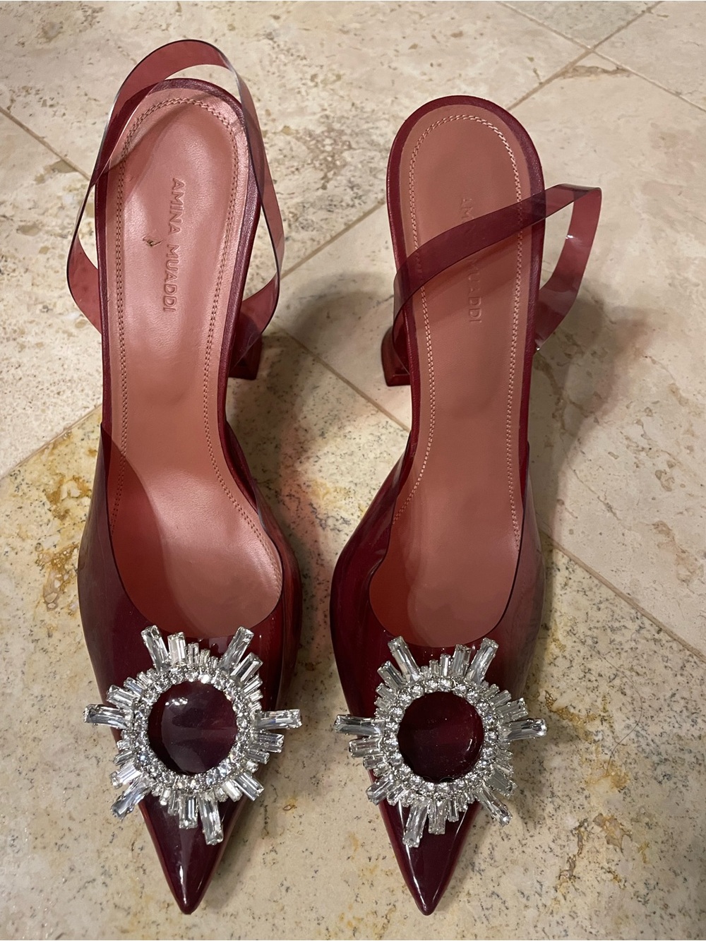 Amina Muaddi Begum Crystal Embellished PVC Slingback Pumps Burgundy EU 40